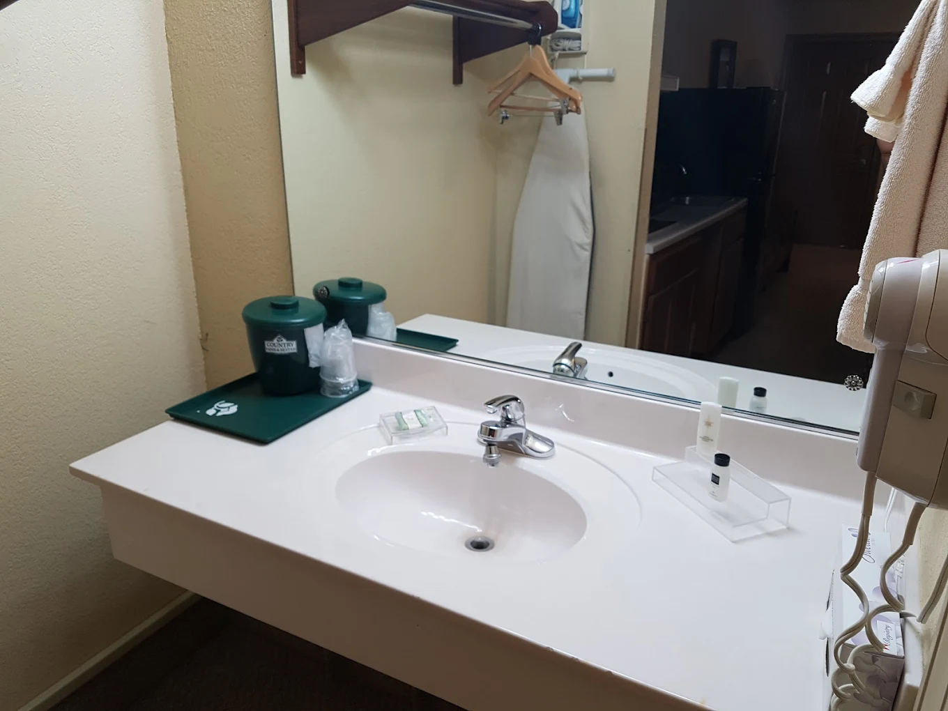 Vanity sink area with mirror and amenities