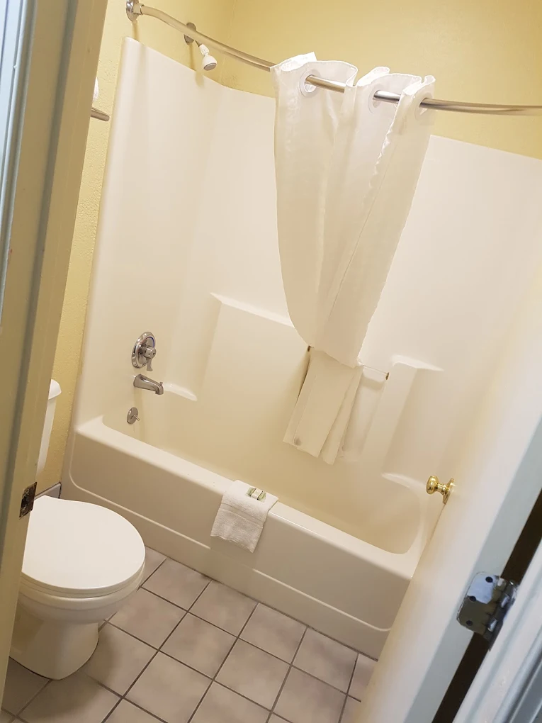 Bathroom angle showing tub and shower curtain